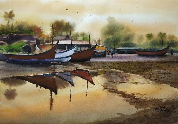 Resting Boats Painting by Niketan Bhalerao | ArtZolo.com