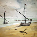 Seascape watercolor painting titled 'Resting Boats', 8x11 inches, by artist Arunava Ray on Paper
