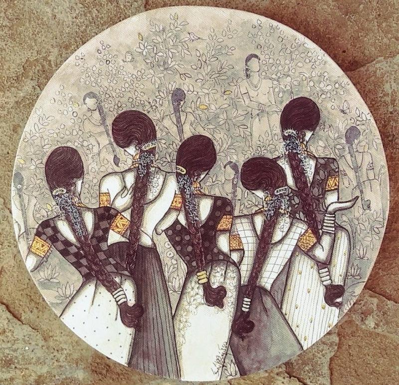 Figurative acrylic painting titled 'Rhythm', 11x11 inches, by artist Kappari Kishan on Canvas