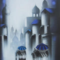 Cityscape mixed media painting titled 'Rhythmic Monsoon Ride 1', 30x18 inches, by artist Somnath Bothe on Canvas