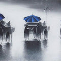 Cityscape mixed media painting titled 'Rhythmic Monsoon Ride', 24x24 inches, by artist Somnath Bothe on Canvas