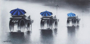 Rhythmic Monsoon Ride (Rhythm of the Road) by Somnath Bothe, Original Mixed Media Cityscape Painting on Canvas, Small Square Wall Art