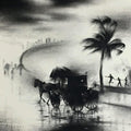 Cityscape charcoal painting titled 'Rickshaw Puller 2', 15x15 inches, by artist Ajay De on Paper