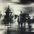 Cityscape charcoal painting titled 'Rickshaw Puller 3', 15x15 inches, by artist Ajay De on Paper