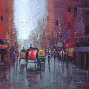 Cityscape acrylic painting titled 'Rickshaw Puller In Kolkata', 18x18 inches, by artist Purnendu Mandal on Canvas