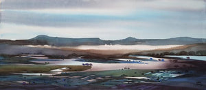 Nature watercolor painting titled 'Riverscape 2', 20x44 inches, by artist Sunil Kale on Arches Paper