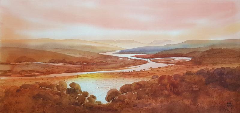 Nature watercolor painting titled 'Riverscape 64', 22x44 inches, by artist Sunil Kale on Arches Paper