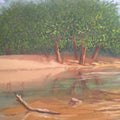 Landscape oil painting titled 'Riverside', 22x16 inches, by artist Fareed Ahmed on Canvas Board
