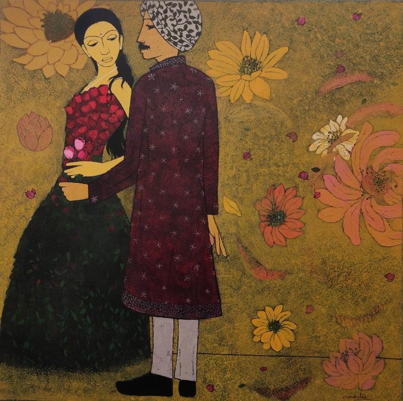 Figurative acrylic painting titled 'Romance', 48x48 inches, by artist Rahul Mhetre on Canvas