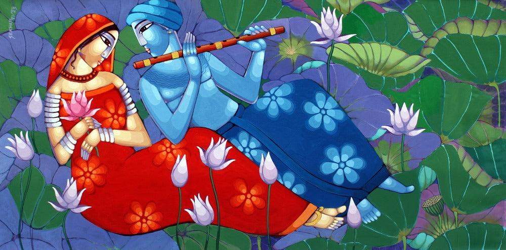 Religious acrylic painting titled 'Romantic Couple', 36x72 inches, by artist Sekhar Roy on Canvas