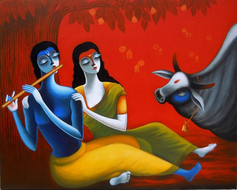 Figurative acrylic painting titled 'Romantic Couple', 60x48 inches, by artist Santosh Chattopadhyay on Canvas