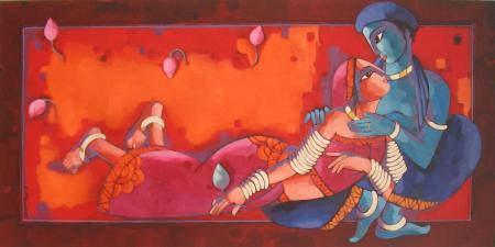 Fantasy acrylic painting titled 'Romantic Couple', 36x72 inches, by artist Sekhar Roy on Canvas
