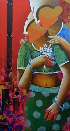 Figurative acrylic painting titled 'Romantic couple', 36x18 inches, by artist Anupam Pal on Canvas