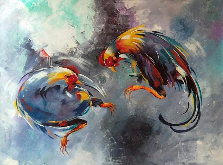 Rooster Brawl Painting by Lisha N T | ArtZolo.com