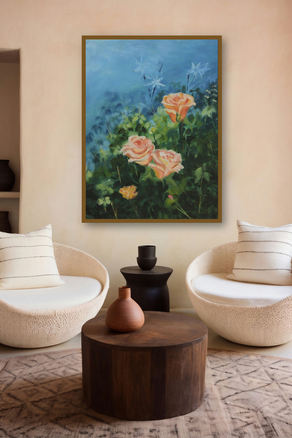 Roses (Peach Roses on Blue) by artist Krupa Shah displayed in a Boutique gallery