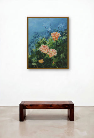 Roses (Peach Roses on Blue) by artist Krupa Shah displayed in a Elegant Study