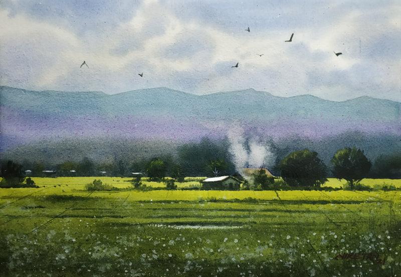 Landscape watercolor painting titled 'Rural Beauty', 12x8 inches, by artist Niketan Bhalerao on Paper