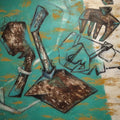 Abstract mixed media painting titled 'Rusty tools', 40x36 inches, by artist Dhananjoy Das Painting on Canvas