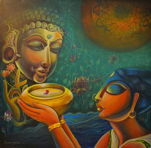 Figurative acrylic painting titled 'SUJATA', 24x24 inches, by artist Sumon Naskar on canvas