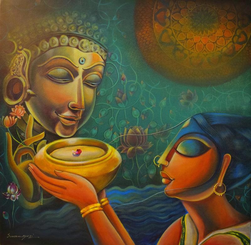 Figurative acrylic painting titled 'SUJATA', 24x24 inches, by artist Sumon Naskar on canvas