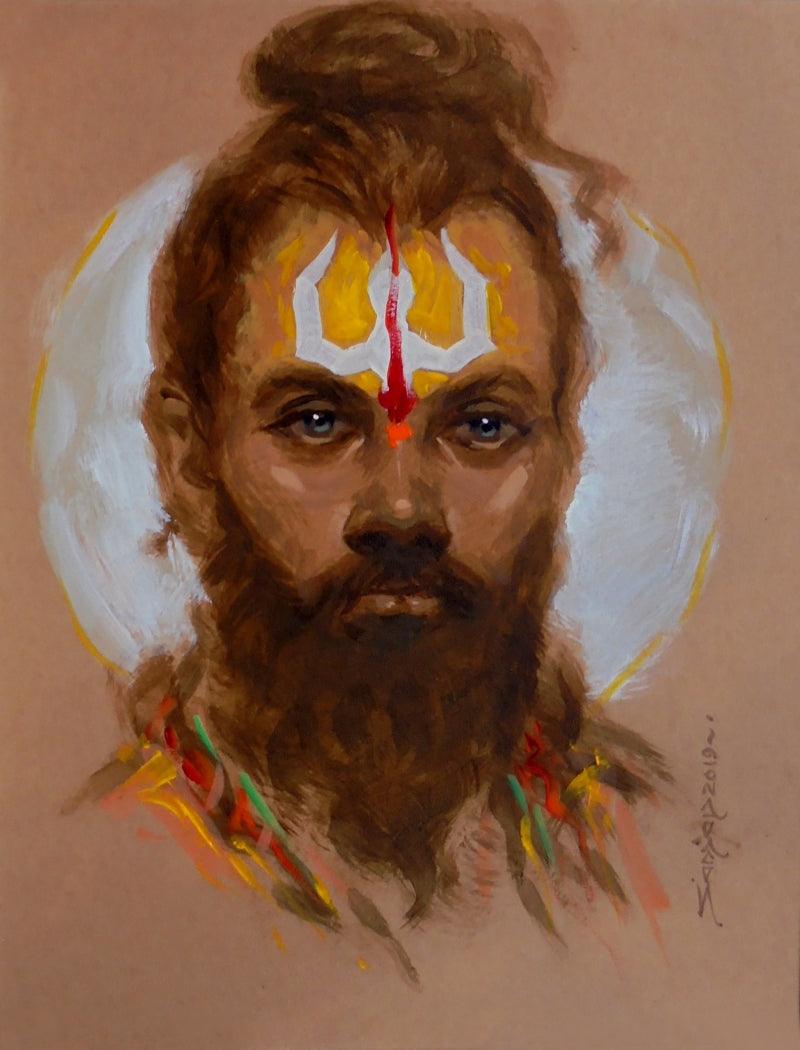 Religious acrylic painting titled 'Sadhu', 14x11 inches, by artist Sanjay Dorlikar on Paper