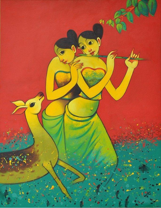 Animals acrylic painting titled 'Sakhi', 36x48 inches, by artist Navnath Chobhe on Canvas
