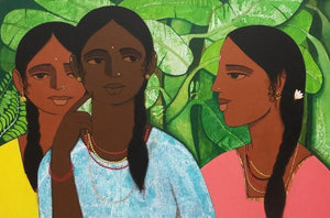 Figurative acrylic painting titled 'Sakhi', 24x36 inches, by artist Nagesh Ghodke on Canvas