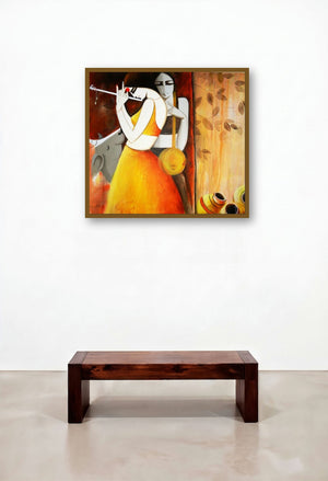 Sakhi by artist Kamal Nath displayed in a Mid-Century Modern Family Room