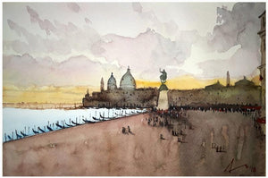 Cityscape watercolor painting titled 'Santa Maria Venice Italy', 7x11 inches, by artist Arunava Ray on Paper