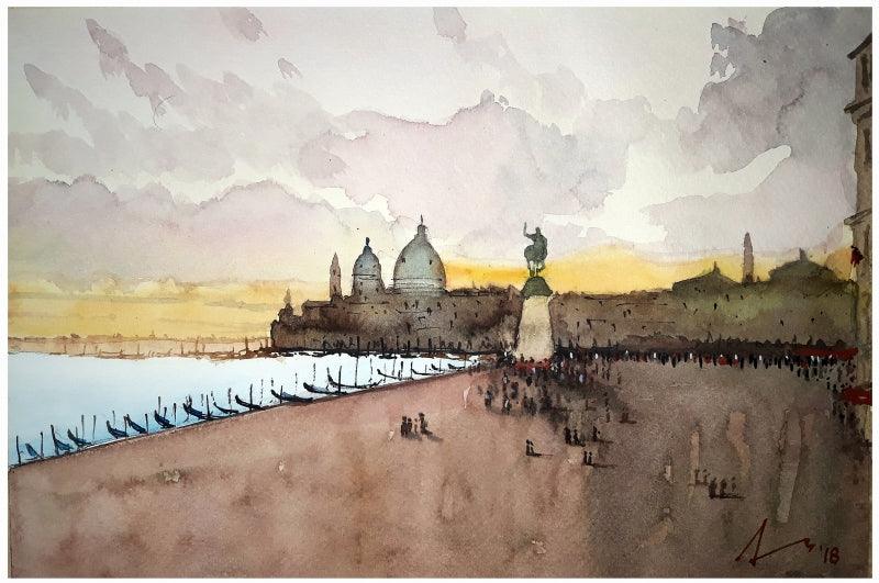 Cityscape watercolor painting titled 'Santa Maria Venice Italy', 7x11 inches, by artist Arunava Ray on Paper