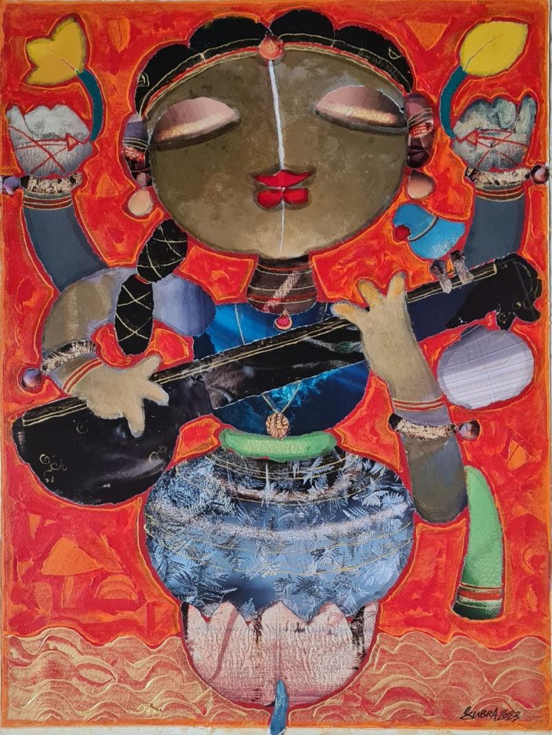 Religious mixed media painting titled 'Saraswathi', 24x18 inches, by artist G Subramanian on Canvas