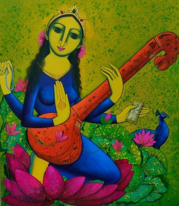 Religious acrylic painting titled 'Saraswati', 42x36 inches, by artist Prakash Deshmukh on Canvas