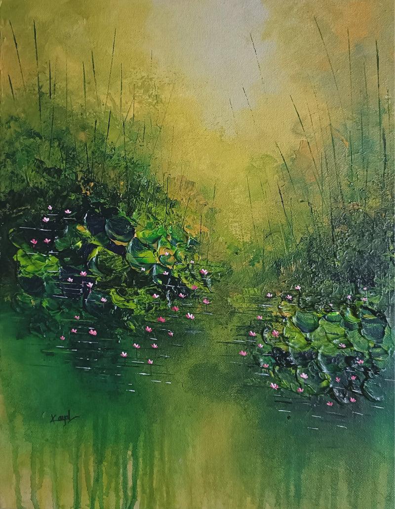 Abstract acrylic painting titled 'Serenity', 18x14 inches, by artist Kayal Vizhi on Canvas