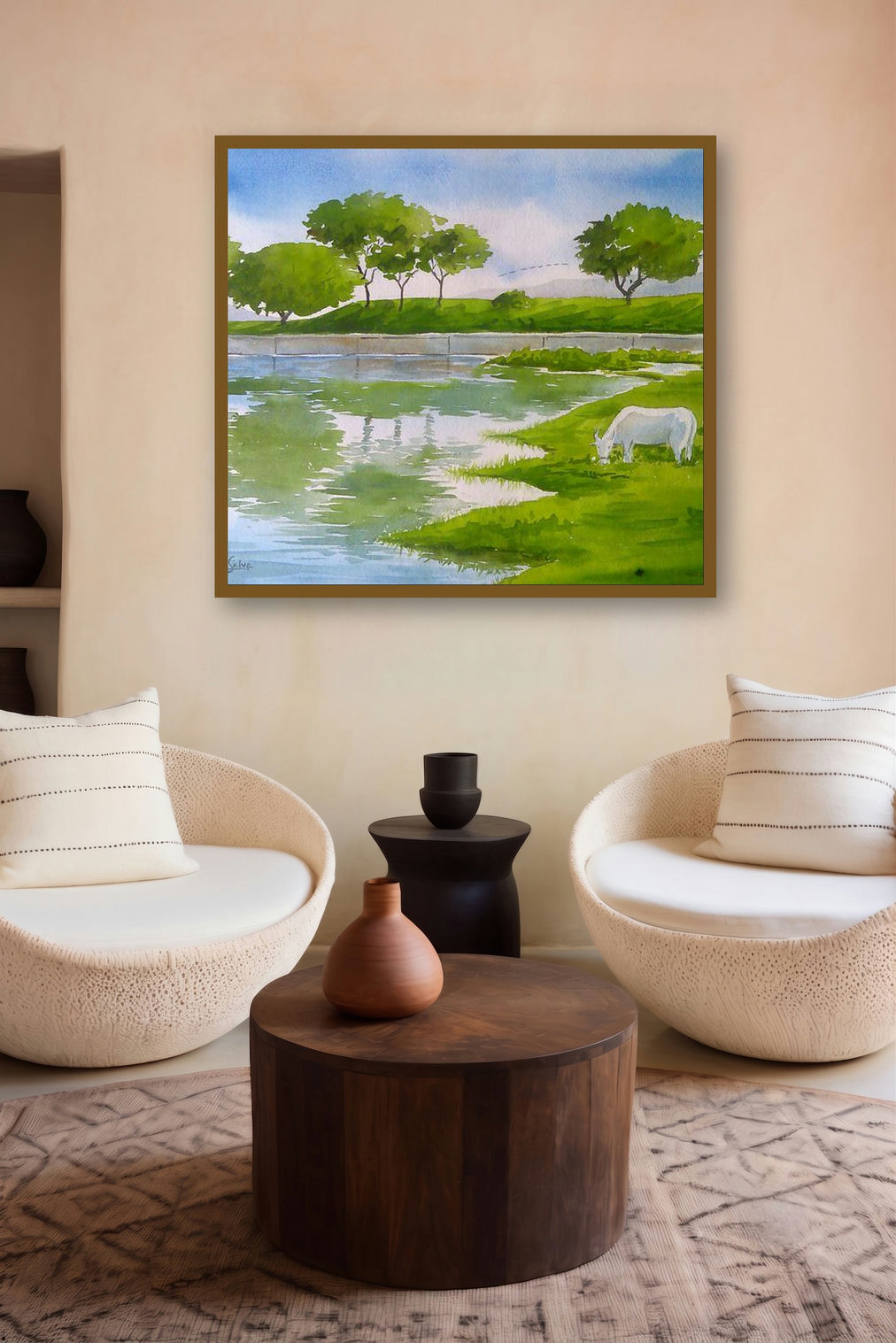 Serenity (Pastoral Peace) by artist Rahul Salve displayed in a Minimalist gallery