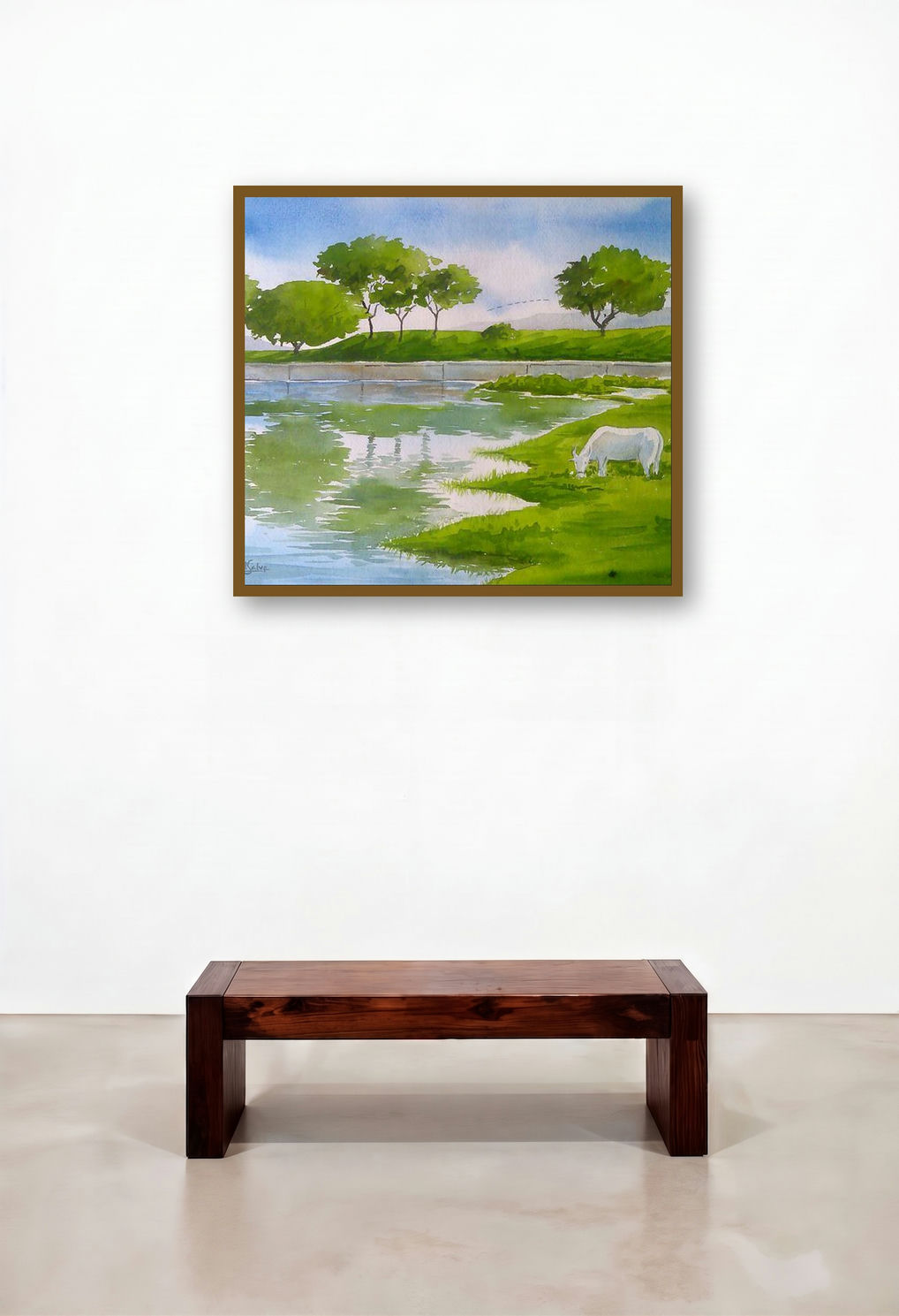 Serenity (Pastoral Peace) by artist Rahul Salve displayed in a Transitional Hotel Lobby