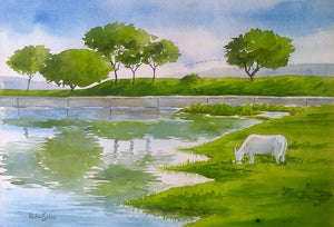 Serenity (Pastoral Peace) by Rahul Salve, Original Watercolor Landscape Painting on Paper, Small Horizontal Wall Art