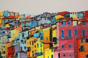 Cityscape oil painting titled 'Shadow City 7', 48x72 inches, by artist Ganesh Pokharkar on Canvas