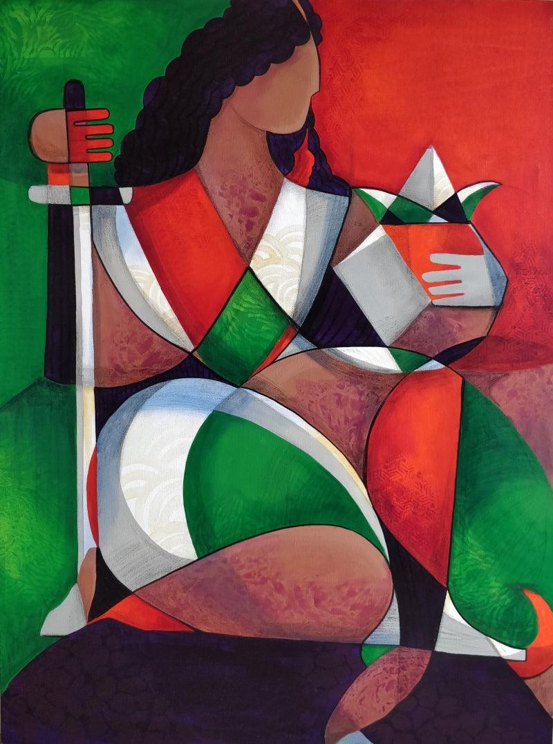 Religious mixed media painting titled 'Shakti', 48x36 inches, by artist Satyendra Rane on Canvas