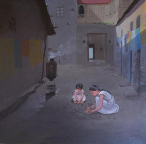 contemporary acrylic painting titled 'Sharing', 33x33 inches, by artist Mayur Heganekar on Canvas