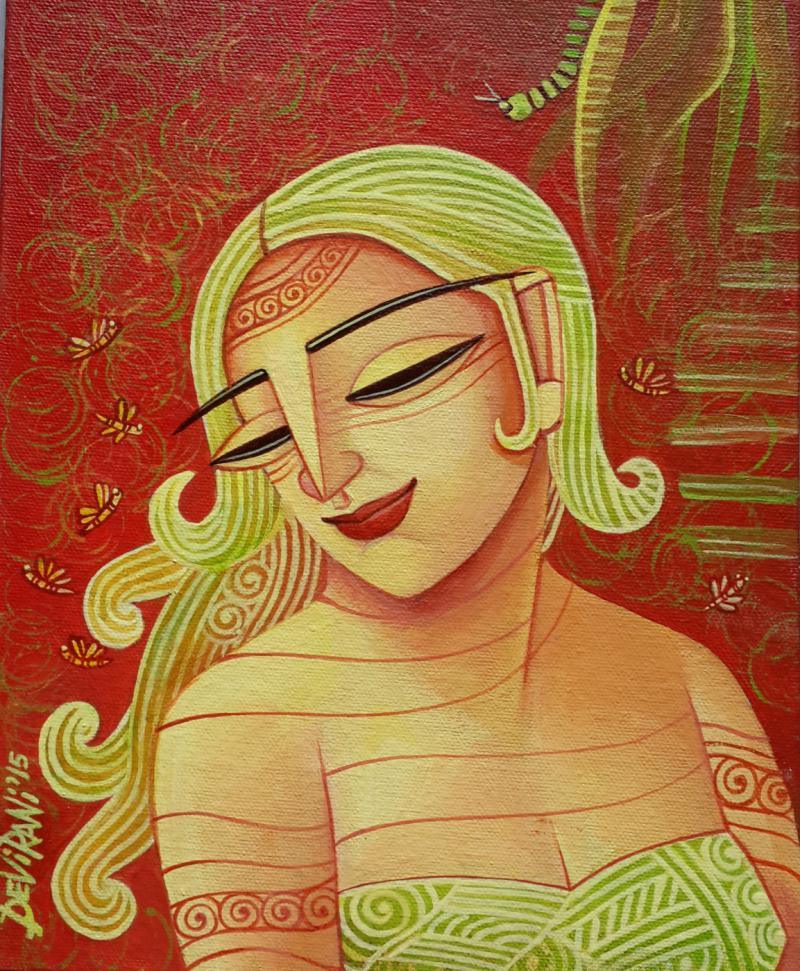 Figurative acrylic painting titled 'She', 8x10 inches, by artist DEVIRANI DASGUPTA on Canvas Board