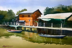 Landscape watercolor painting titled 'Shining Village', 15x22 inches, by artist Abhijeet Bahadure on Paper