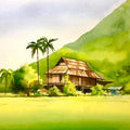Landscape watercolor painting titled 'Shining Village', 14x20 inches, by artist Abhijeet Bahadure on Paper