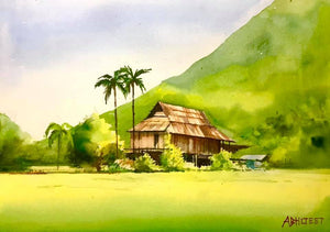 Landscape watercolor painting titled 'Shining Village', 14x20 inches, by artist Abhijeet Bahadure on Paper