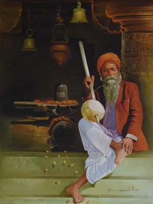 Religious oil painting titled 'Shiv Bhakt', 48x36 inches, by artist Kamal Rao on Canvas