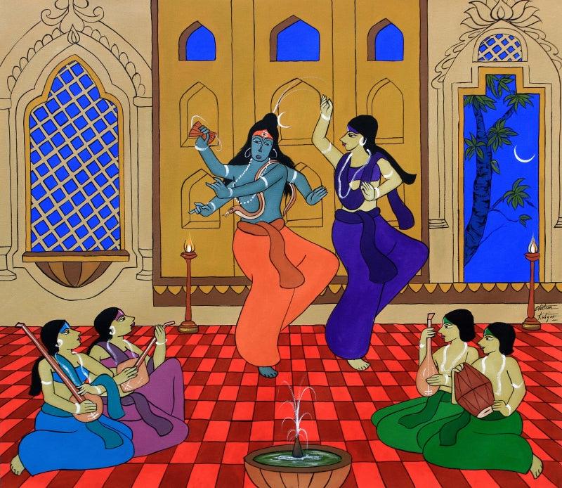 Figurative acrylic painting titled 'Shiv Parvati', 34x39 inches, by artist Chetan Katigar on Canvas