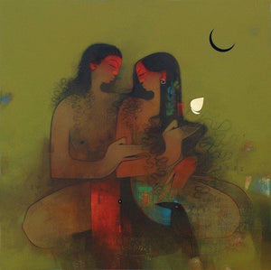 Figurative oil painting titled 'Shiv Parvati', 36x36 inches, by artist Amol Pawar on Canvas