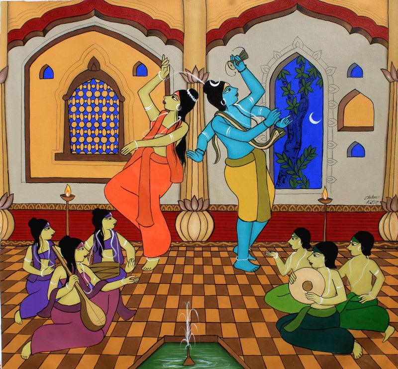 Religious acrylic painting titled 'Shiv Parvati', 38x41 inches, by artist Chetan Katigar on Canvas