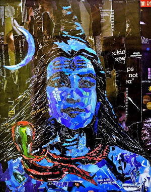 Shiva (Shiva - A Collage Portrait) by Sangameshwar Allipuram, Original Mixed Media Religious Painting on Mixed Media, Medium Vertical Wall Art