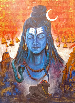 Religious acrylic painting titled 'Shiva', 48x36 inches, by artist Arjun Das on Canvas