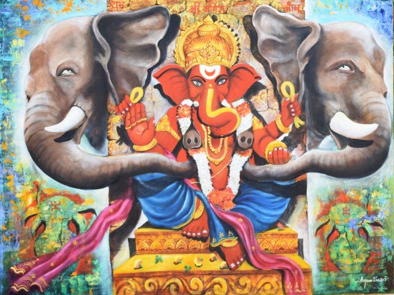 Religious acrylic painting titled 'Shree Ganesha', 36x48 inches, by artist Arjun Das on Canvas